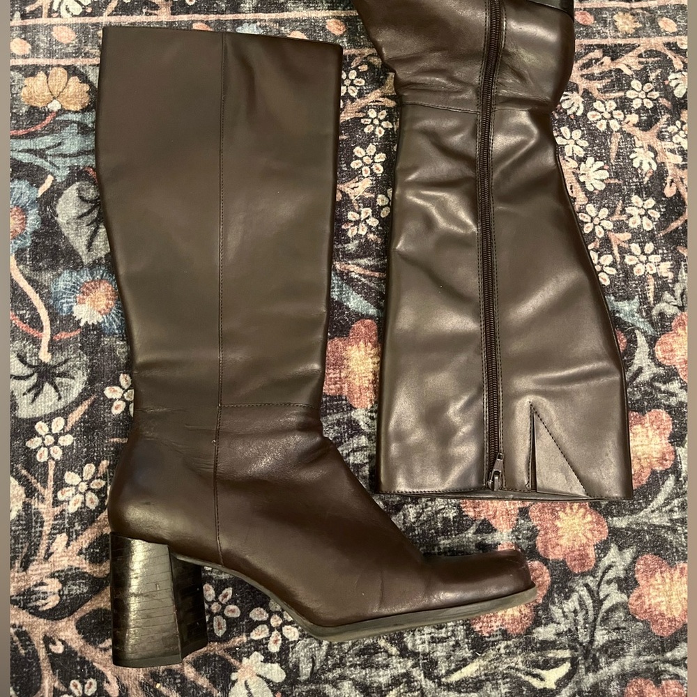 Dark Brown Faux Leather Vintage Knee High Boots